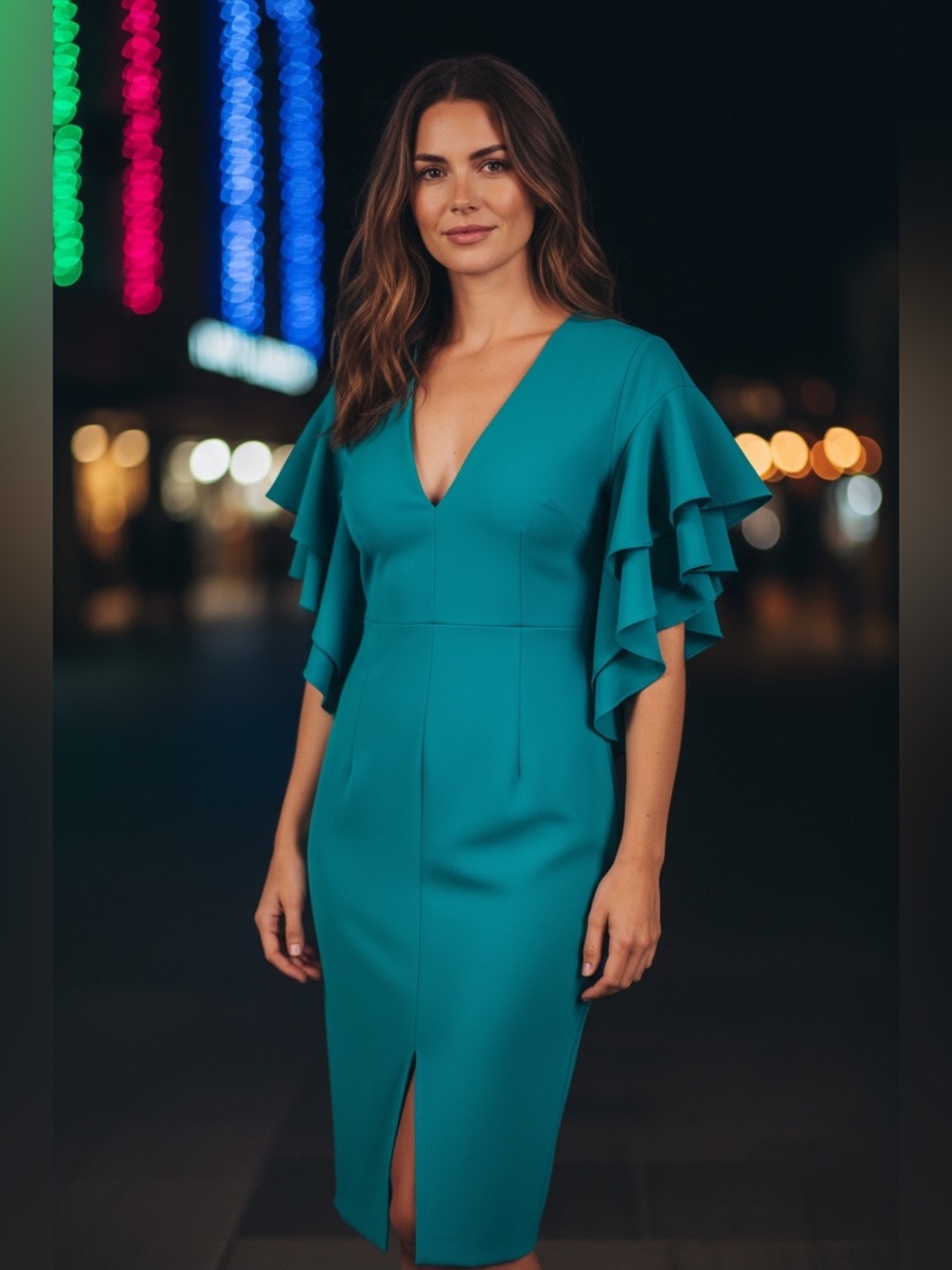 LAVISH ALICE TEAL AQUAMARINE V NECK PLUNGE RUFFLE SLEEVE MIDI DRESS GREAT COND 6
